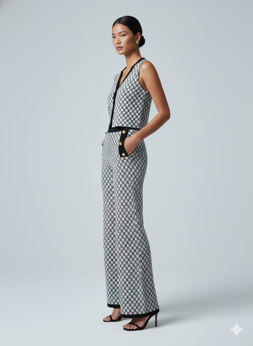 ADL High-End Knitted Top & Wide Leg Pant 2 Pcs Set in Black.