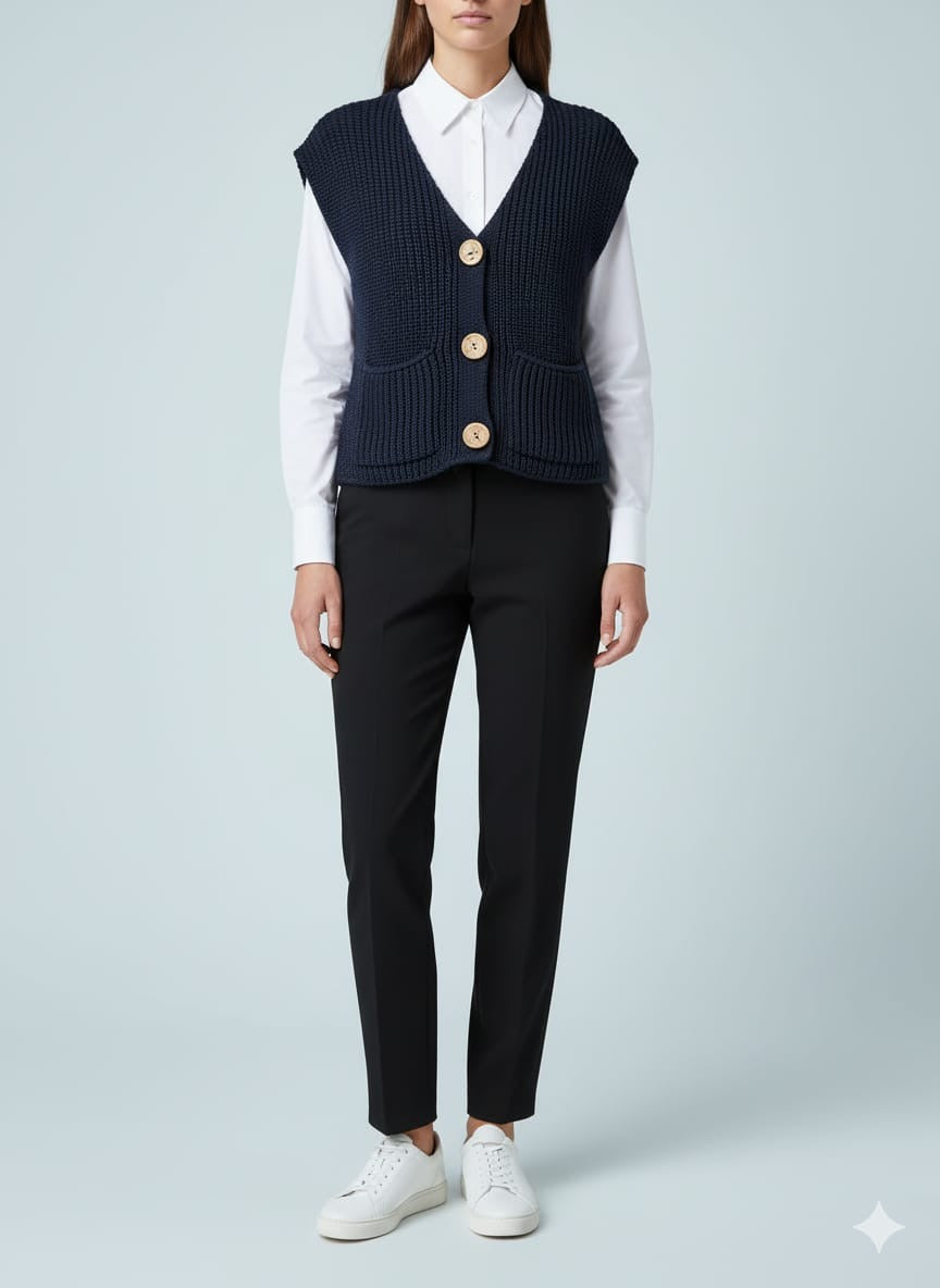 ADL Crop Women's Knit Vest Cardigan With Large Gold Button in Navy