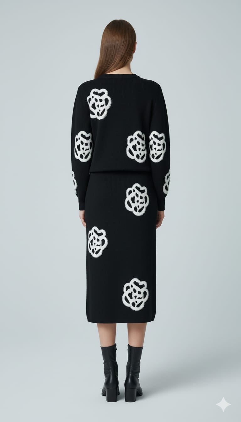 AD Embroidered Beaded Long Sleeve Knitted Sweater 2 Pcs Set