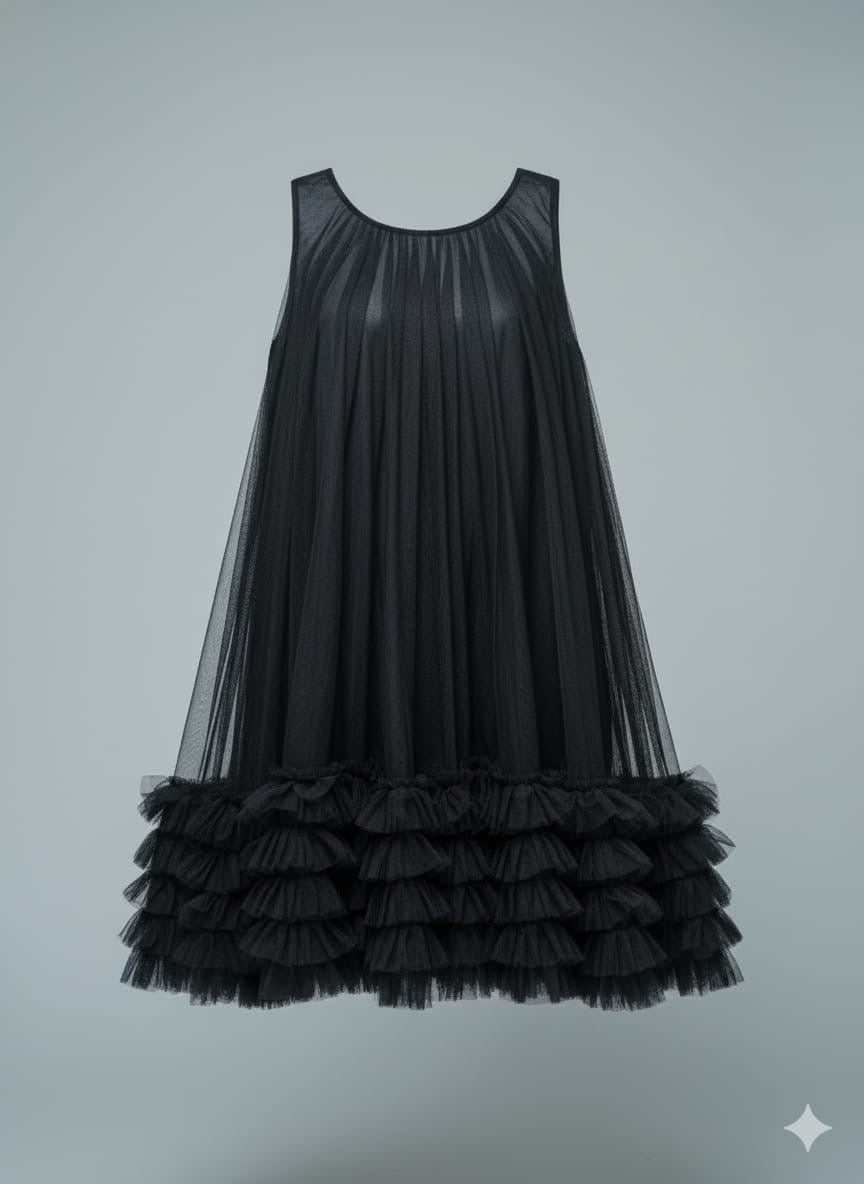 AD Knee Length Sleeveless Mesh Ruffles Hem Dress for Women in Black