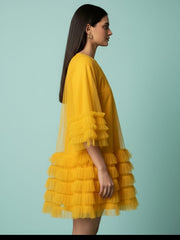 AD Knee Length Long Sleeve Mesh Ruffles Hem Dress for Women in Yellow